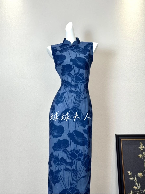 球球夫人丨莲花）125cm蓝色短袖显白显瘦修身款日常港工侧拉链旗袍