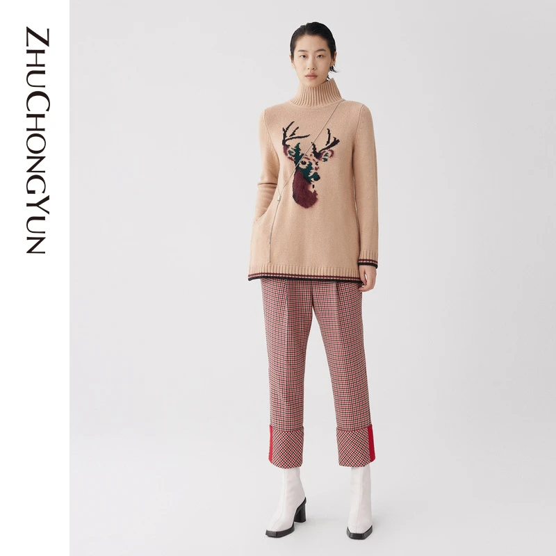 【心心精选】ZHUCHONGYUN趣味减龄高领提花图案针织上衣