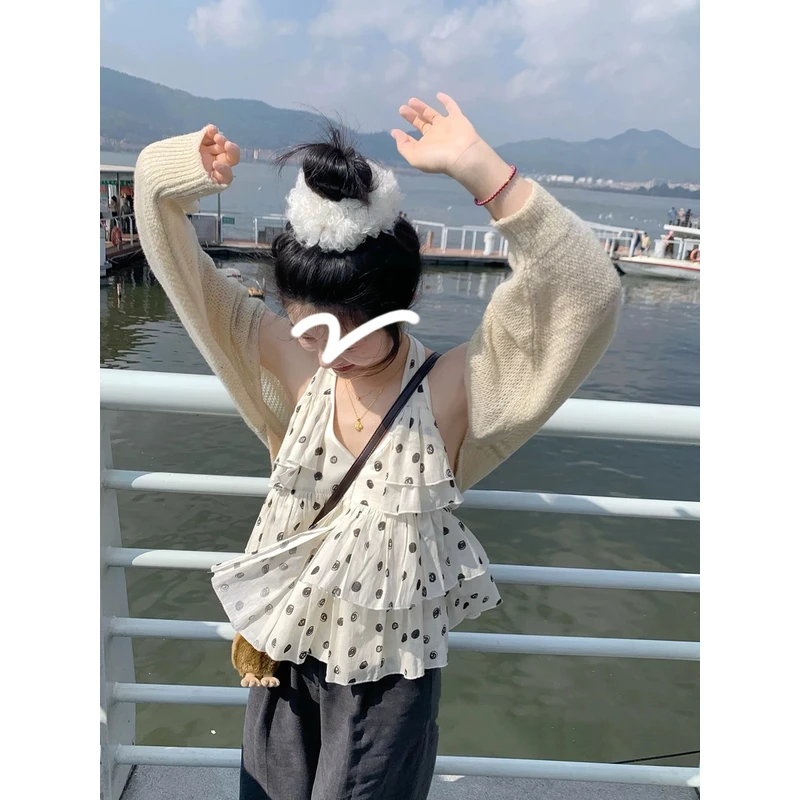 【乖乖奶白】复古挂脖波点荷叶边吊带背心衬衫女夏季小众显瘦上衣