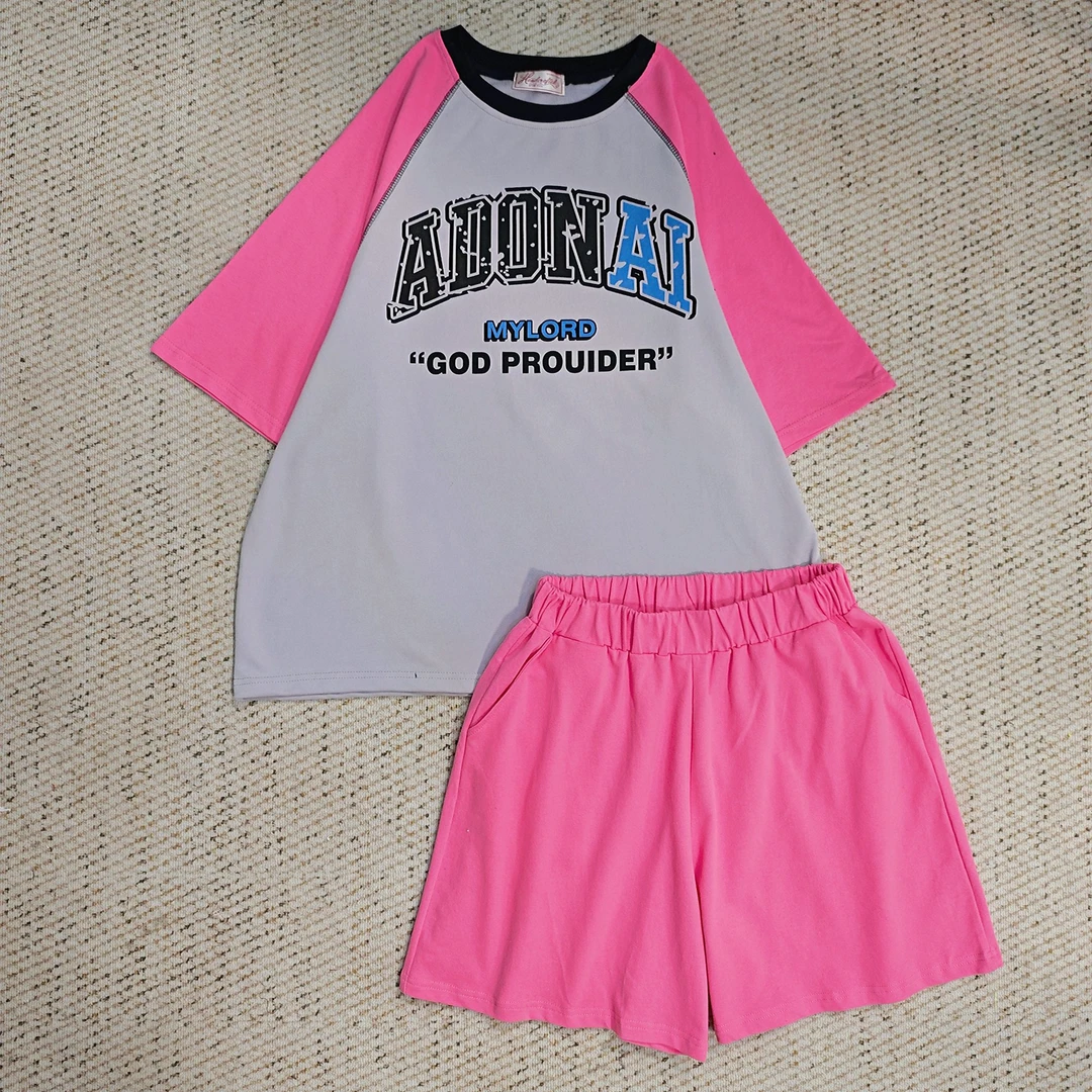 2025夏季新款休闲宽松字母印花拼色插肩袖短袖套装3510