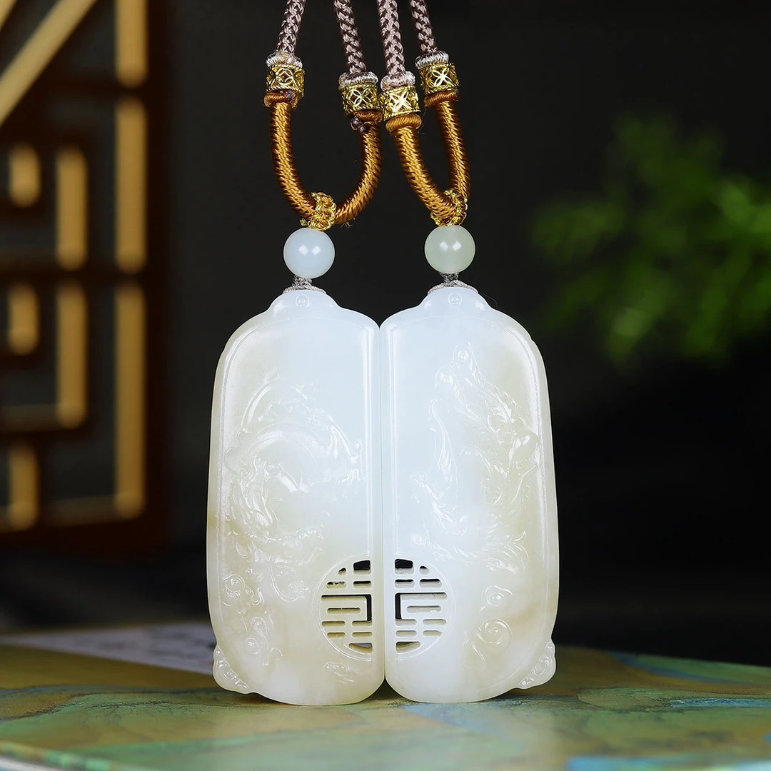 110372和田玉糖白玉龙凤对牌