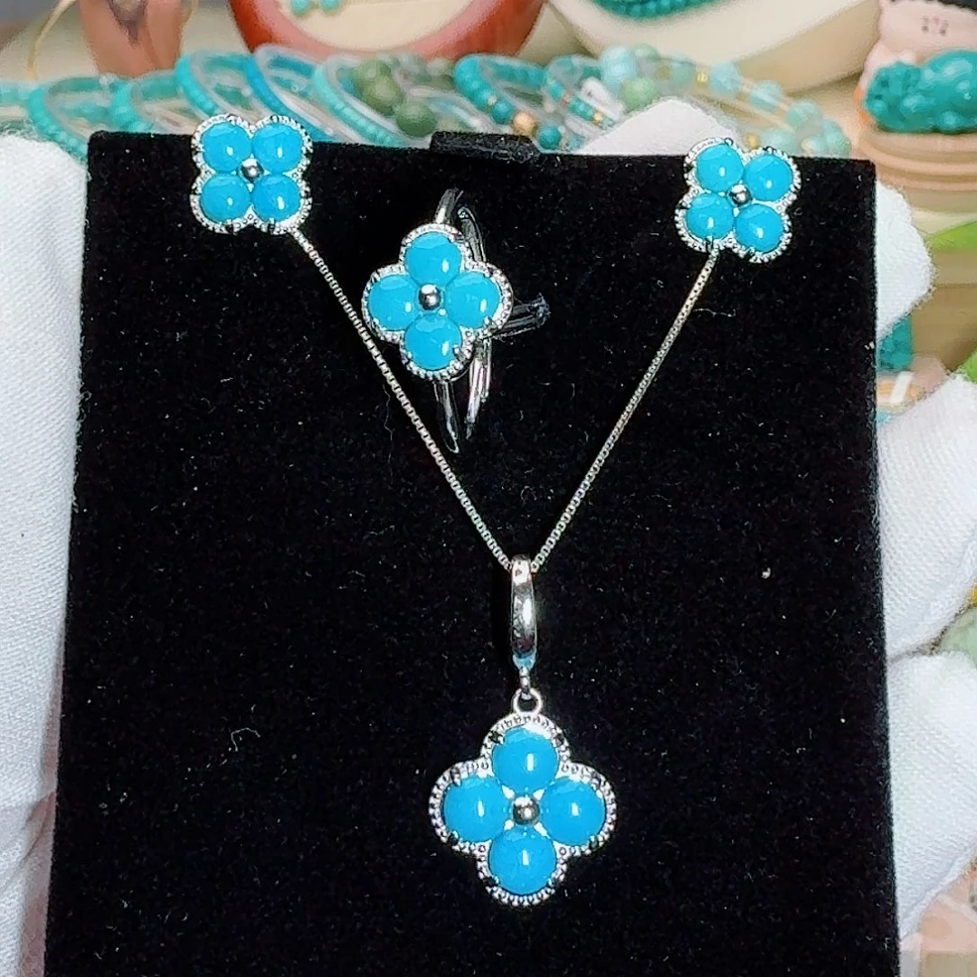 绿松石银S925镶嵌珠宝奇石精品高瓷高蓝四叶草套装