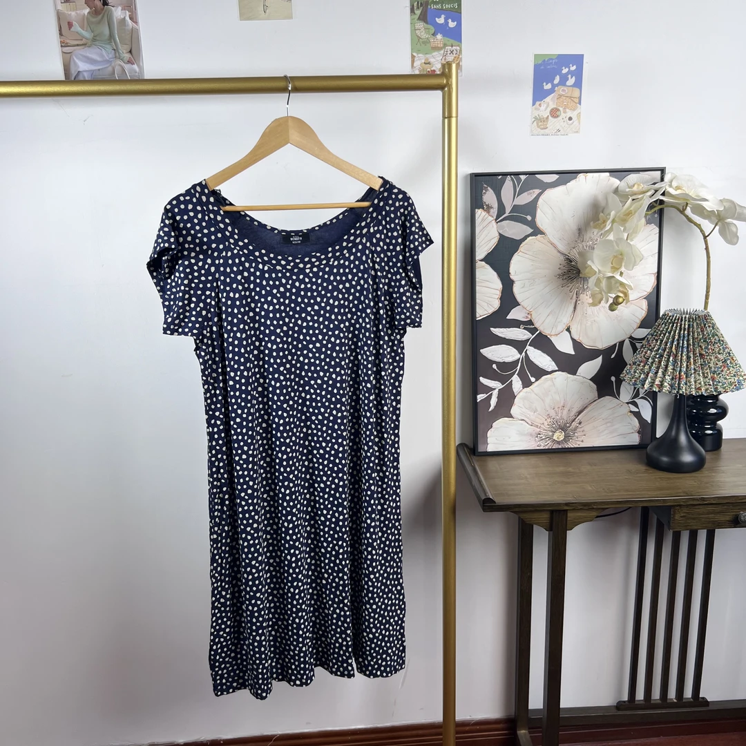 外贸大码蓝白波点木耳短袖女士夏季气质连衣裙1811