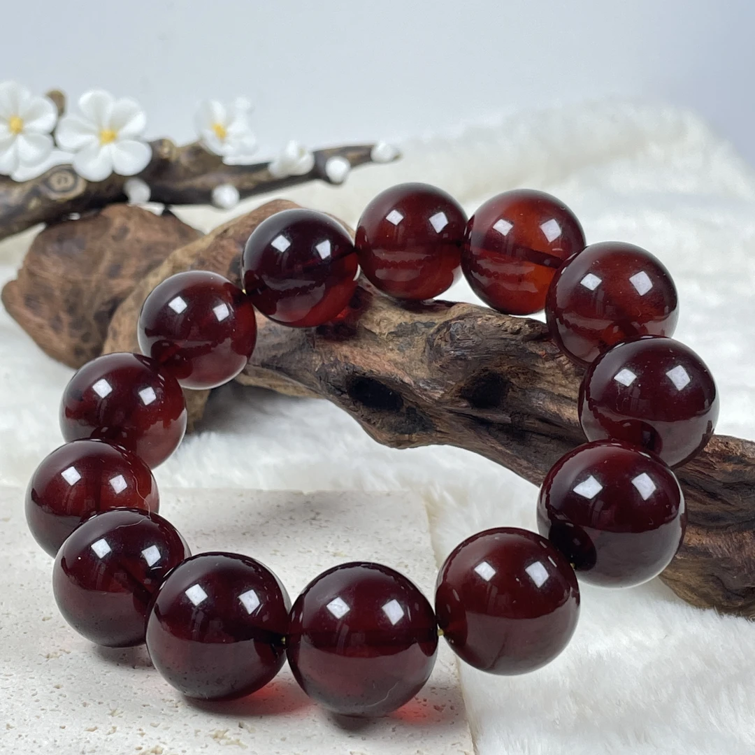 芷桦珠宝-天然缅甸血珀19+mm圆珠单圈手串手链男士女士红色琥珀