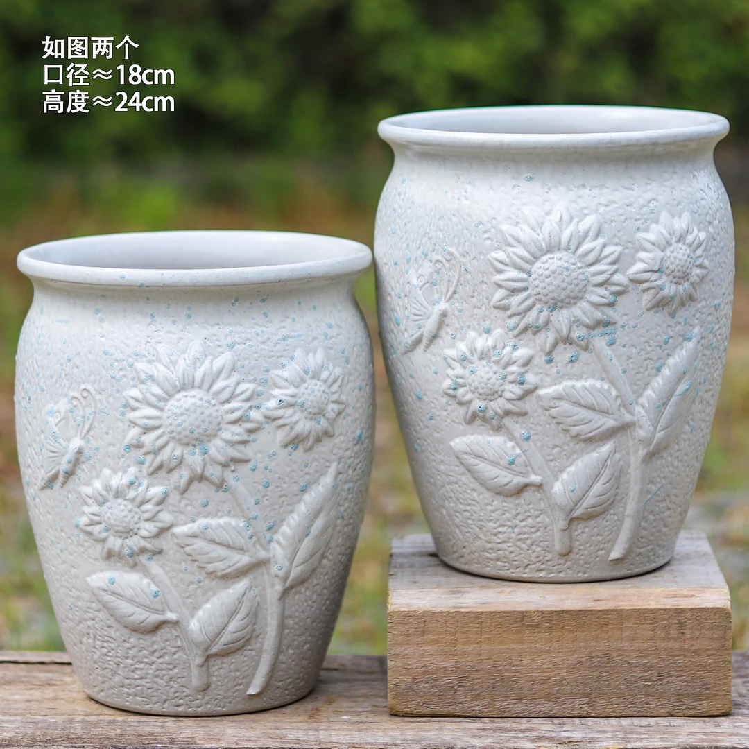 白色手工浮雕多肉花盆大口径透气法师老桩花卉绿植盆栽简约大花盆