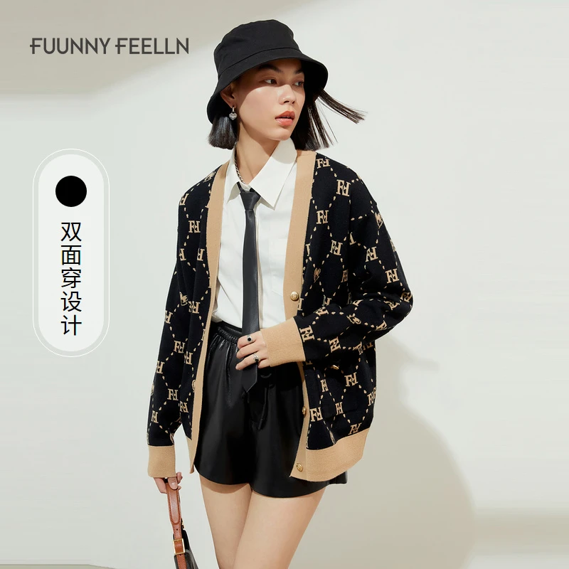商场同款FF||佛v领针织衫女开衫时尚两面穿FZ00960上衣
