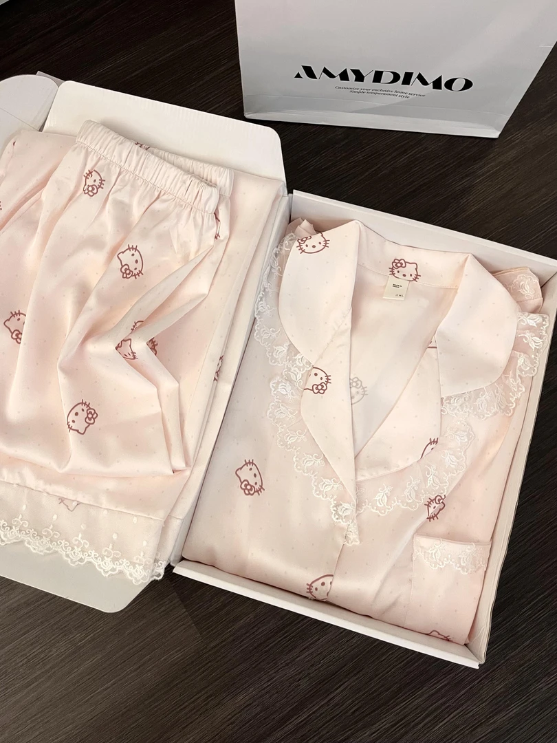 巨丝滑巨好穿的Kitty缎面冰雪丝睡衣女长袖春秋款甜美少女家居服