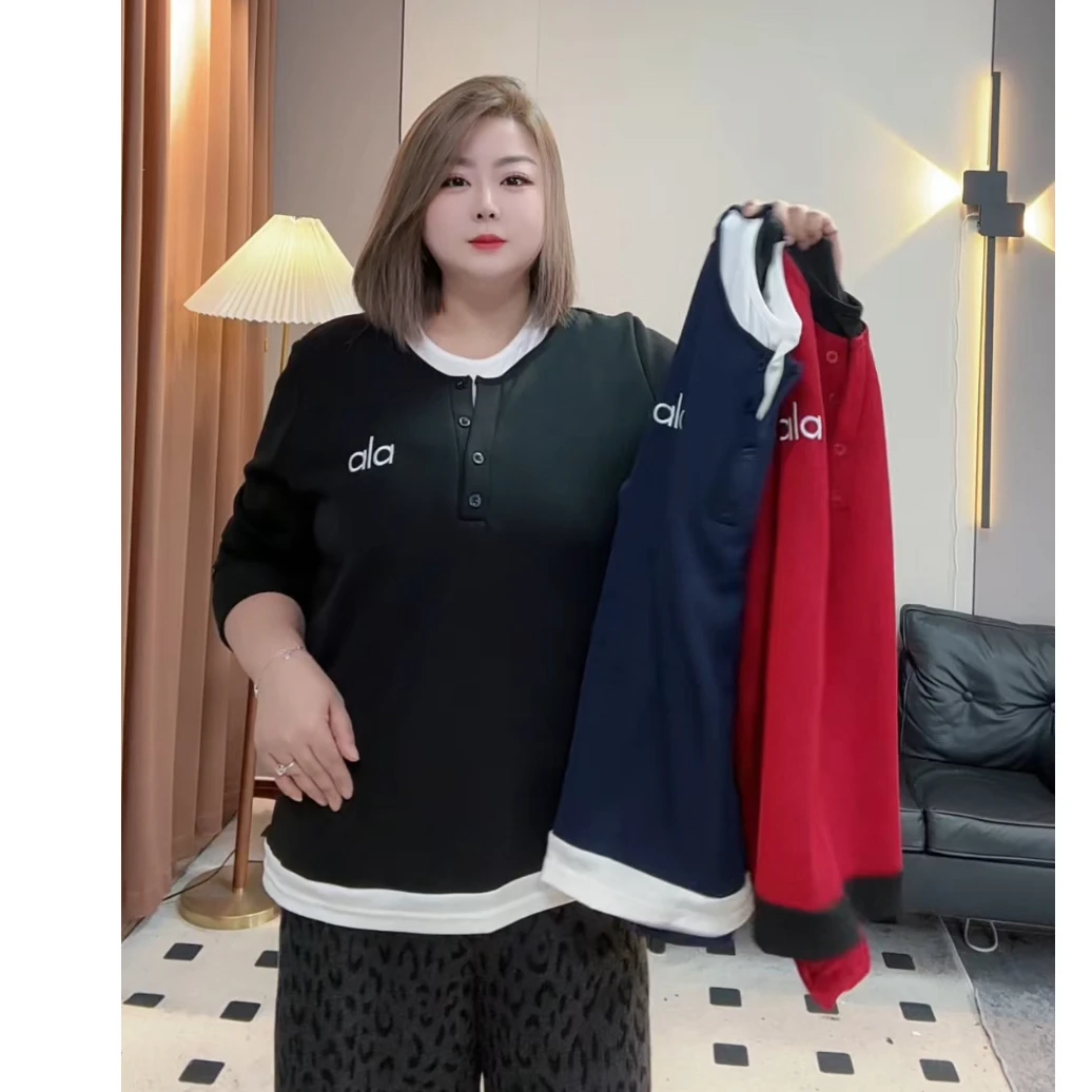 假两件卫衣加绒打底衫胖mm宽松休闲上衣显瘦v领撞色设计内搭