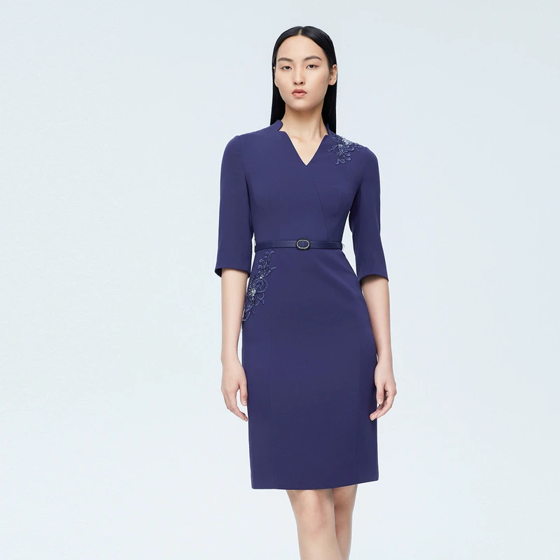 LANCY/朗姿新款气质礼服中长款收腰连衣裙