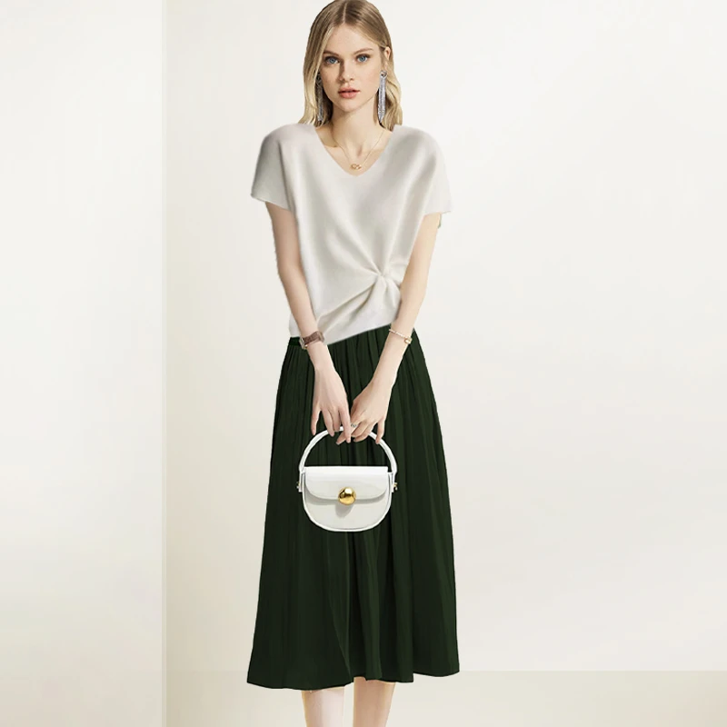 时尚简约套装女2025年夏装新款白色褶皱T恤半身裙设计职业两件套