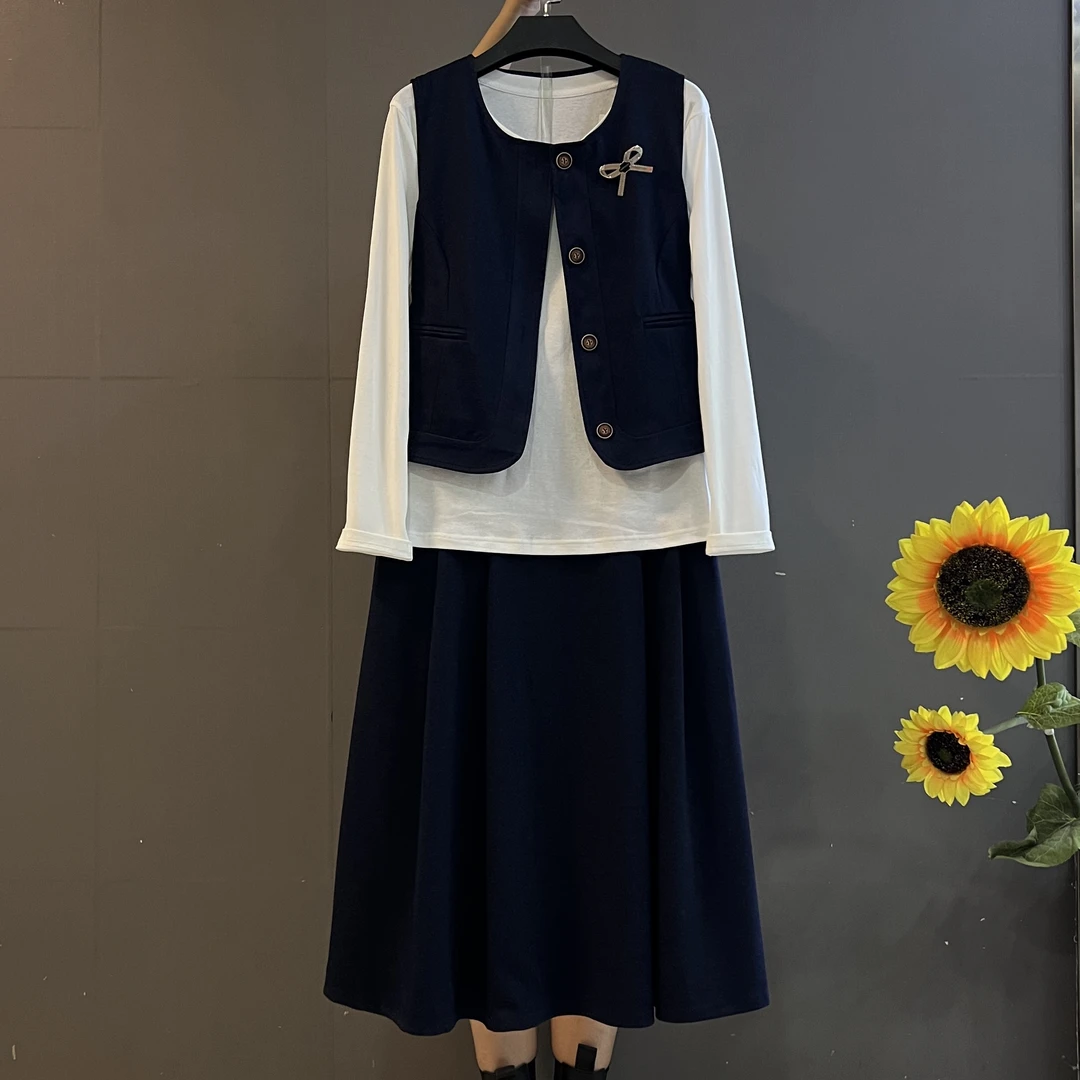 气质小清新洋气马甲搭配T恤半身裙显瘦遮肉三件套