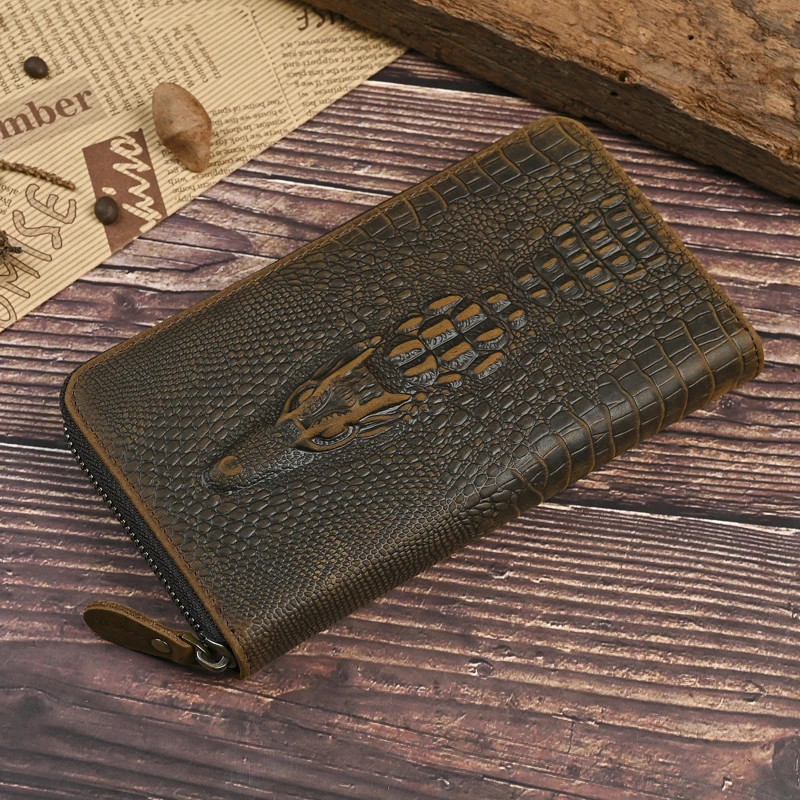 休闲头层牛皮男士钱包复古大容量疯马牛皮手拿包钱包男士长款