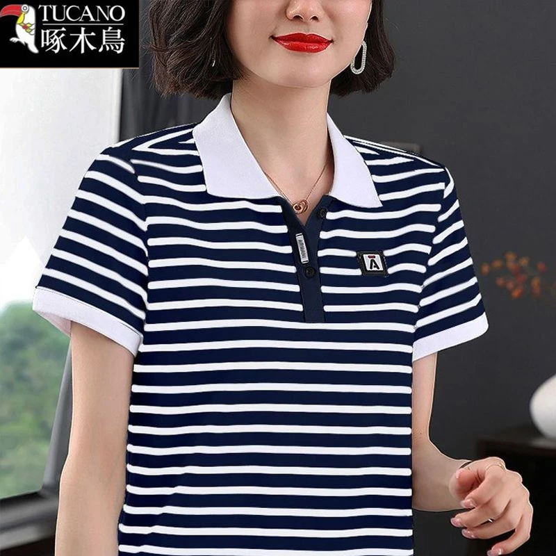 啄木鸟夏季短袖t恤女2025年新款翻领polo衫体桖条纹修身显瘦上衣