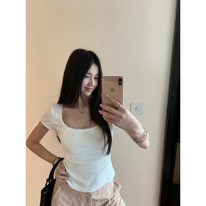 王少女的店 白色百搭时尚U领花边短袖纯欲女装针织衫 Z35788S52