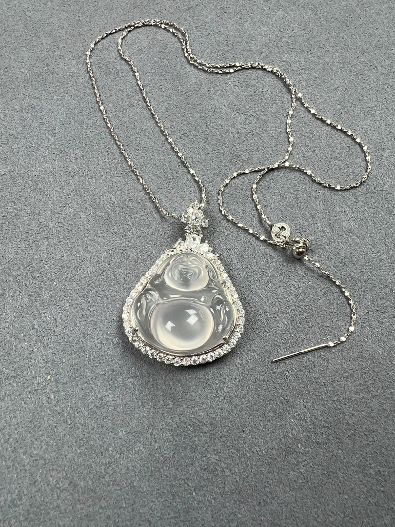 天然高冰透玛瑙玉髓佛公s925银镶嵌吊坠s925银链锁骨链