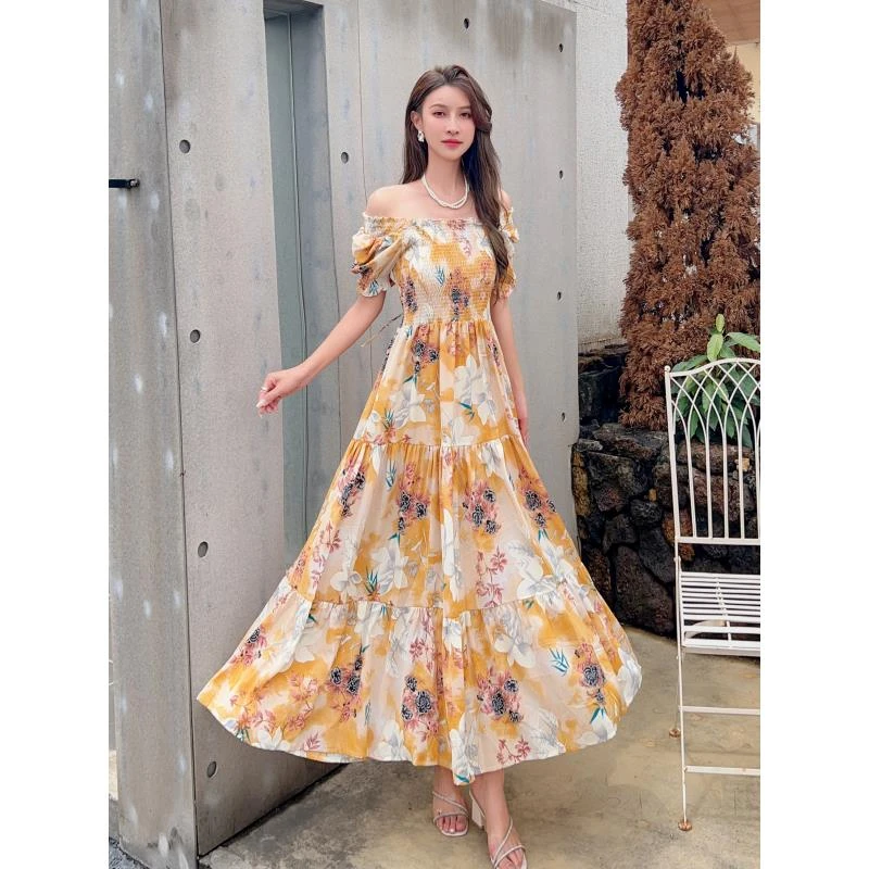 【831】新款气质收腰泡泡袖一字肩印花碎花连衣裙长裙