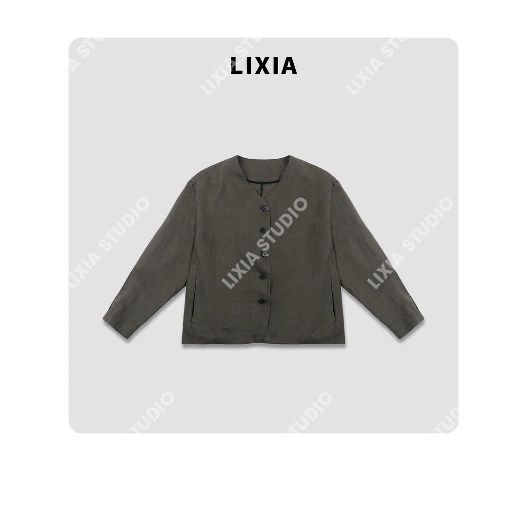 LIXIA【绿调松弛】休闲简约风百分百亚麻透气V领外套-D8688