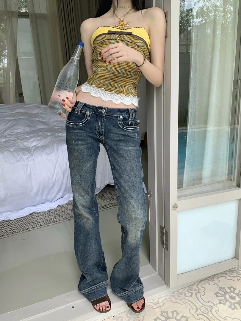 不冷BULENG低腰紧身牛仔春游微喇裤女做旧水洗拖地长裤牛仔裤裤子