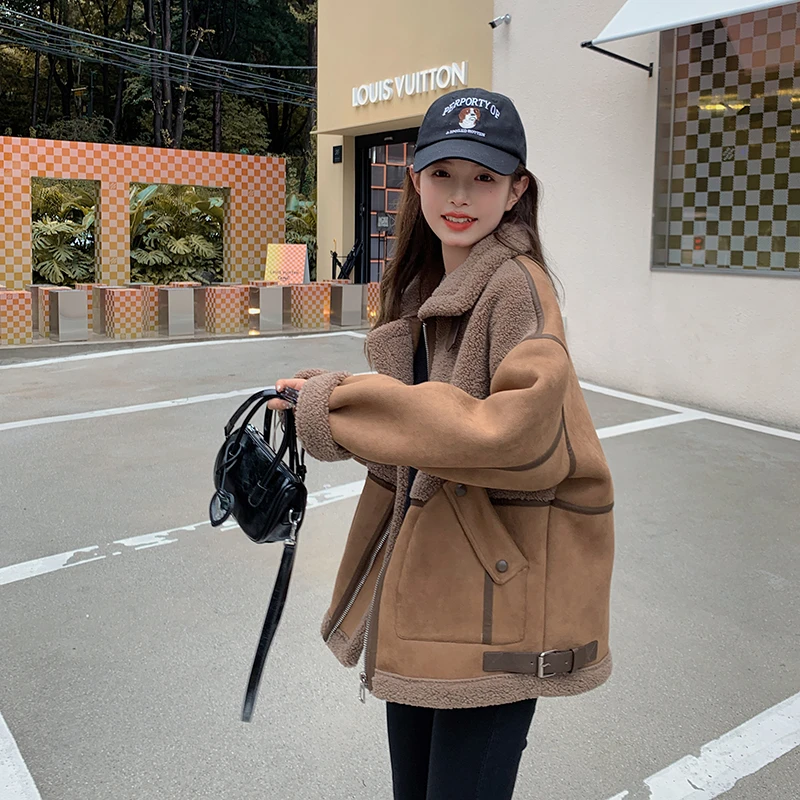 深棕色仿皮毛一体羊羔毛外套女冬季加绒加厚棉衣棉袄麂皮绒皮夹克