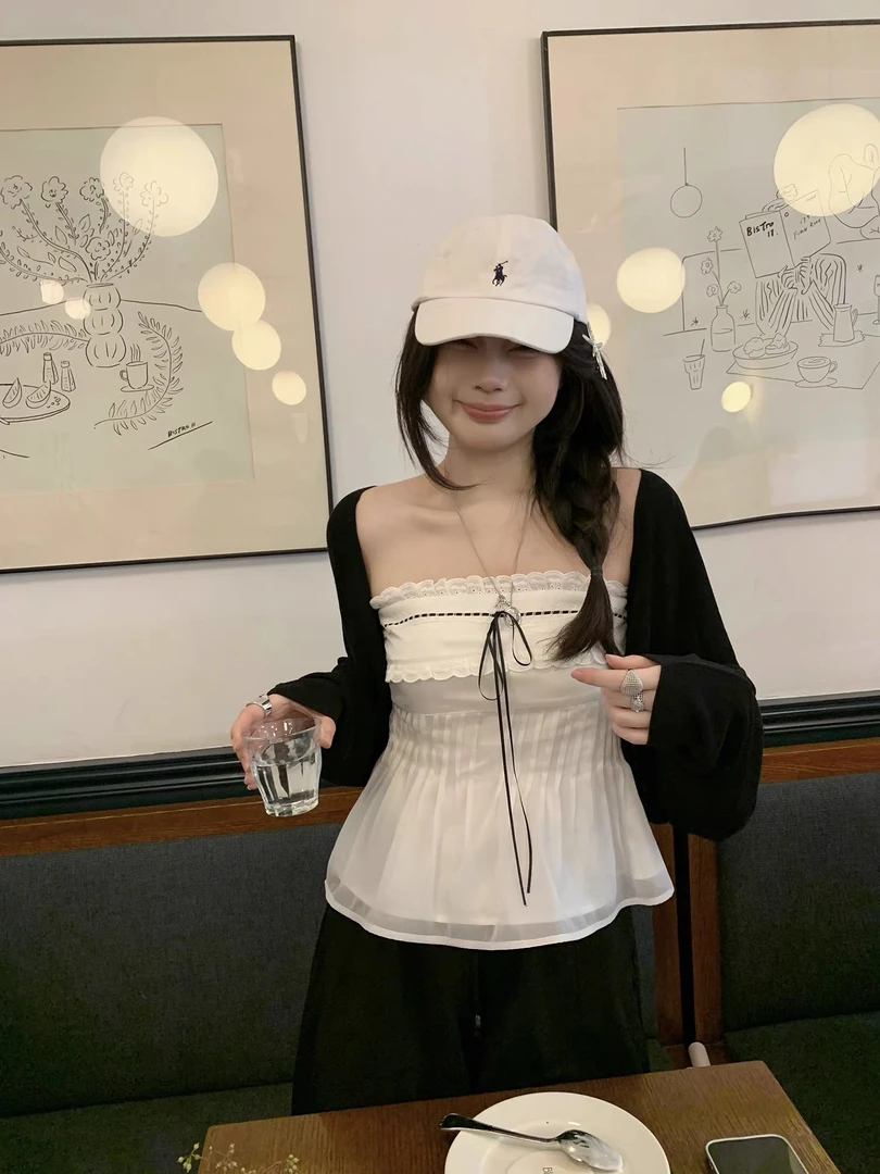 大码纯欲风蕾丝抹胸背心女胖MM显瘦薄款防晒开衫上衣两件套-X9094