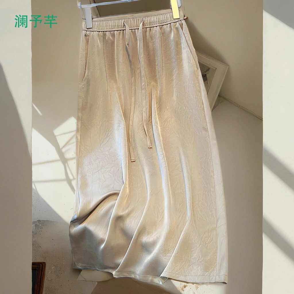 新款醋酸缎面高腰垂感薄款印花开叉a字夏季女半身裙高级感尽显