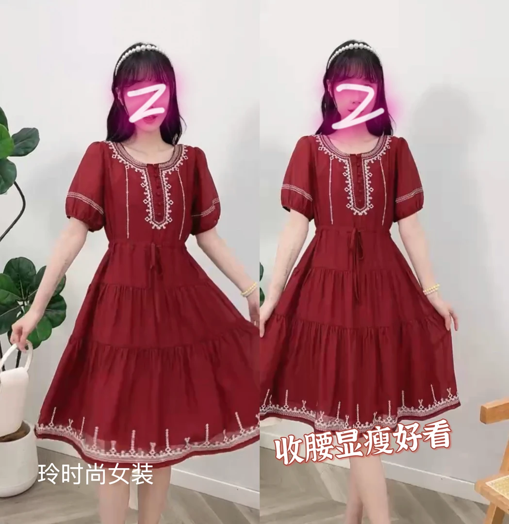 夏季民族风刺绣连衣裙圆领宽松收腰显瘦中长款短袖裙子