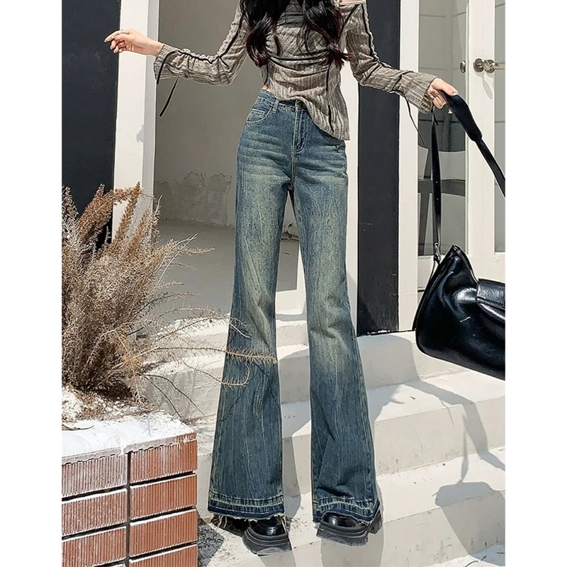 2-300斤胖mm大码女装复古微喇牛仔裤女春秋新款显瘦马蹄喇叭裤女