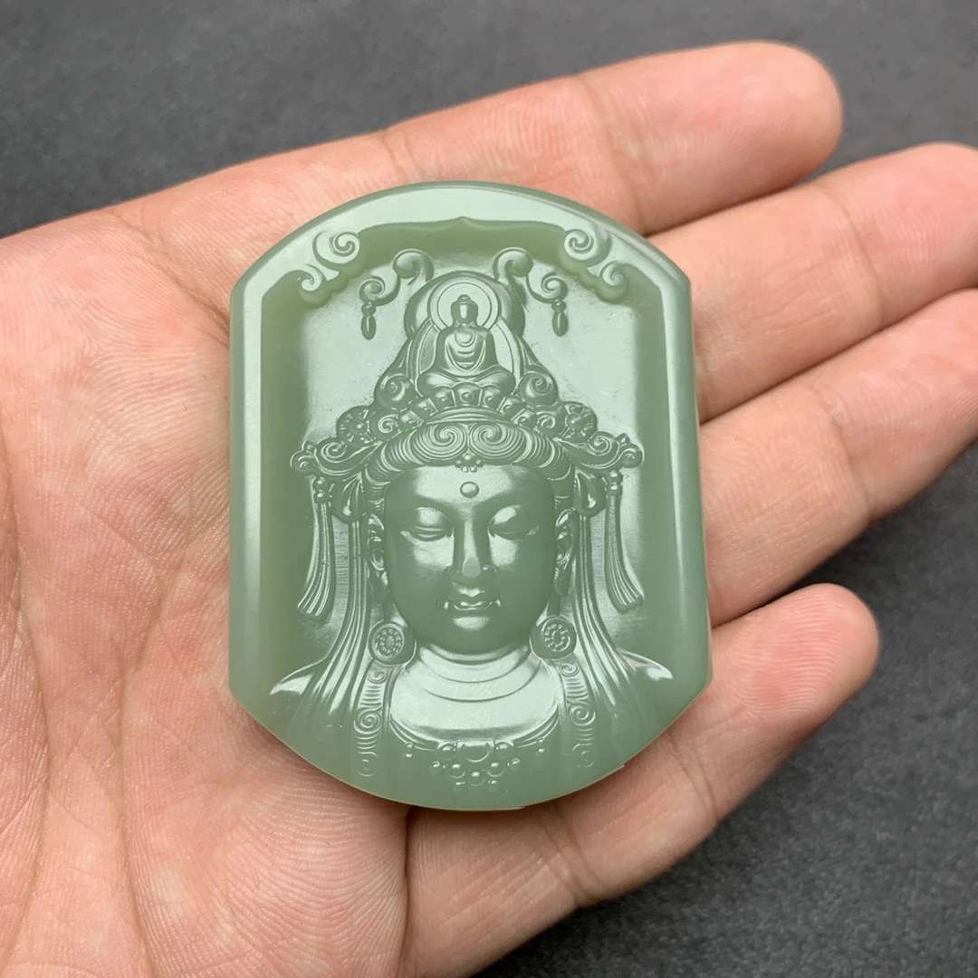 和田玉俄碧碧玉粉青观音首R154