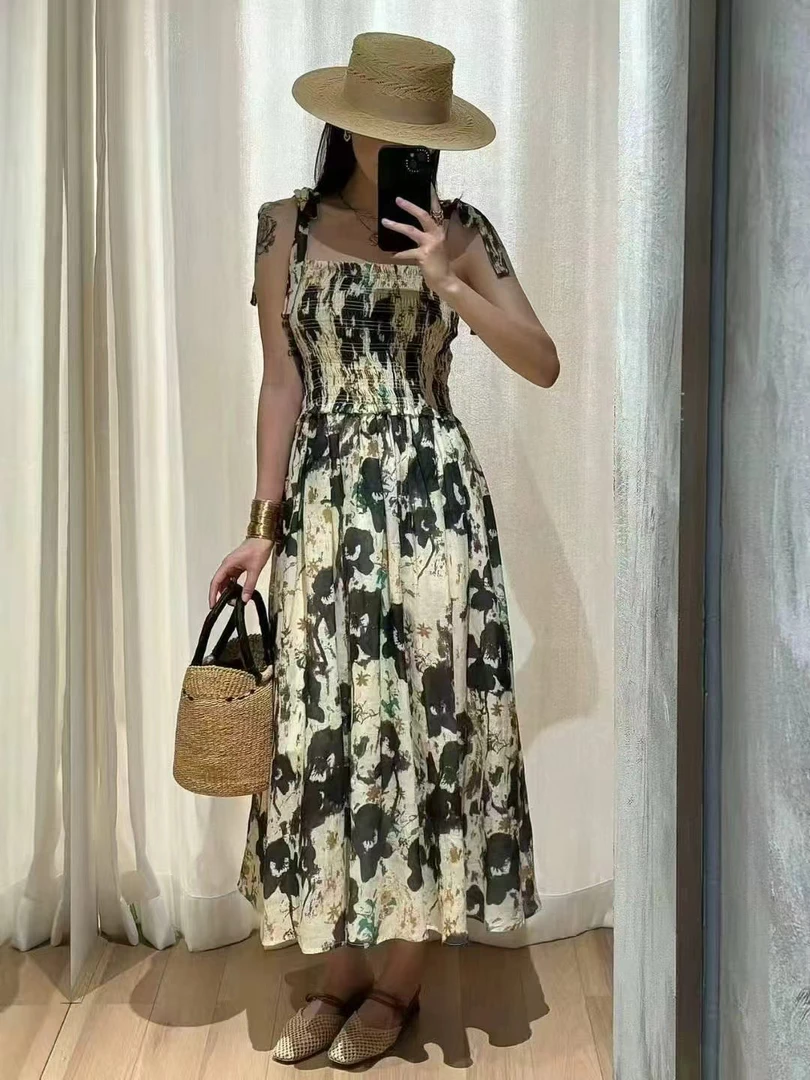 【BAI】法式印花吊带无袖连衣裙夏新款12425