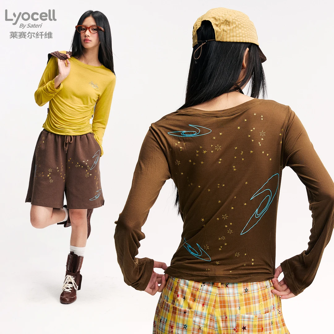 江南先生NewJNXS莱赛尔天丝星星印花罩衫女轻薄透气长袖T恤空调衫