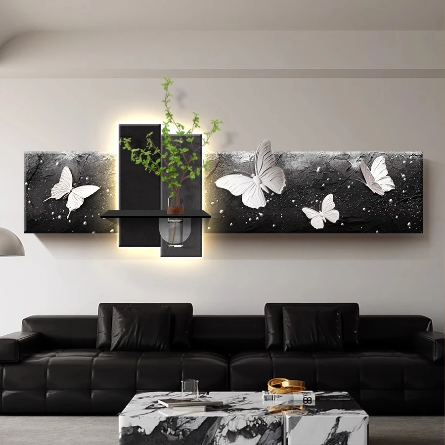 黑白格调客厅装饰画水培花瓶绿植发光灯画高级感沙发背景墙挂画
