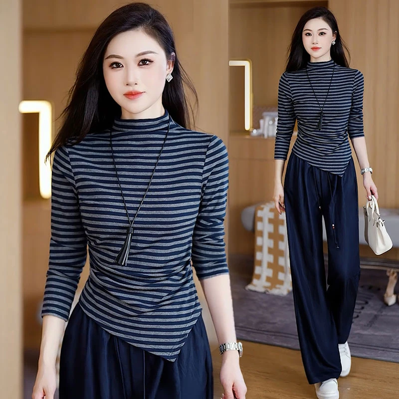 轻熟风时尚套装女2025秋季新款小个子条纹半高领长袖阔腿裤两件套