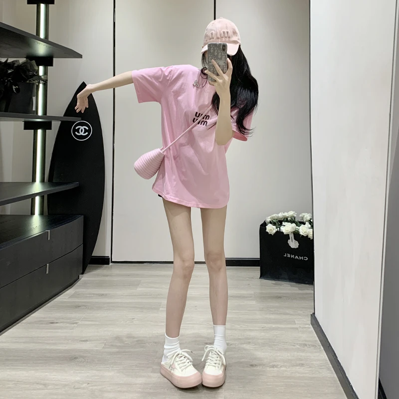韩版粉色短袖t恤女夏季宽松中长款设计感小众百搭时尚显瘦小个子