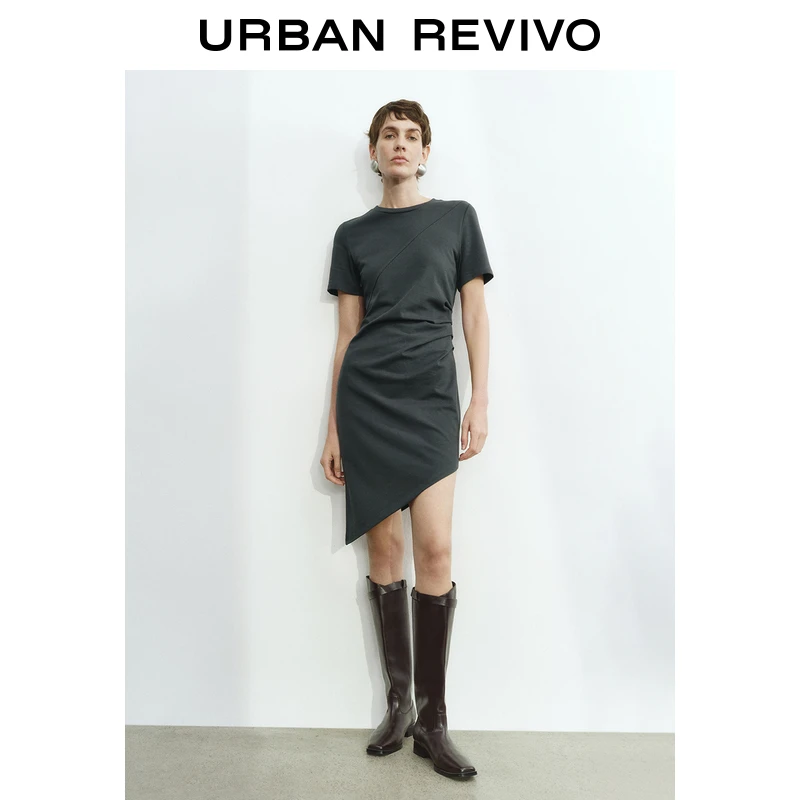 UR2025春季新款女装欧若风不规则设计感褶皱短袖连衣裙UWM750026
