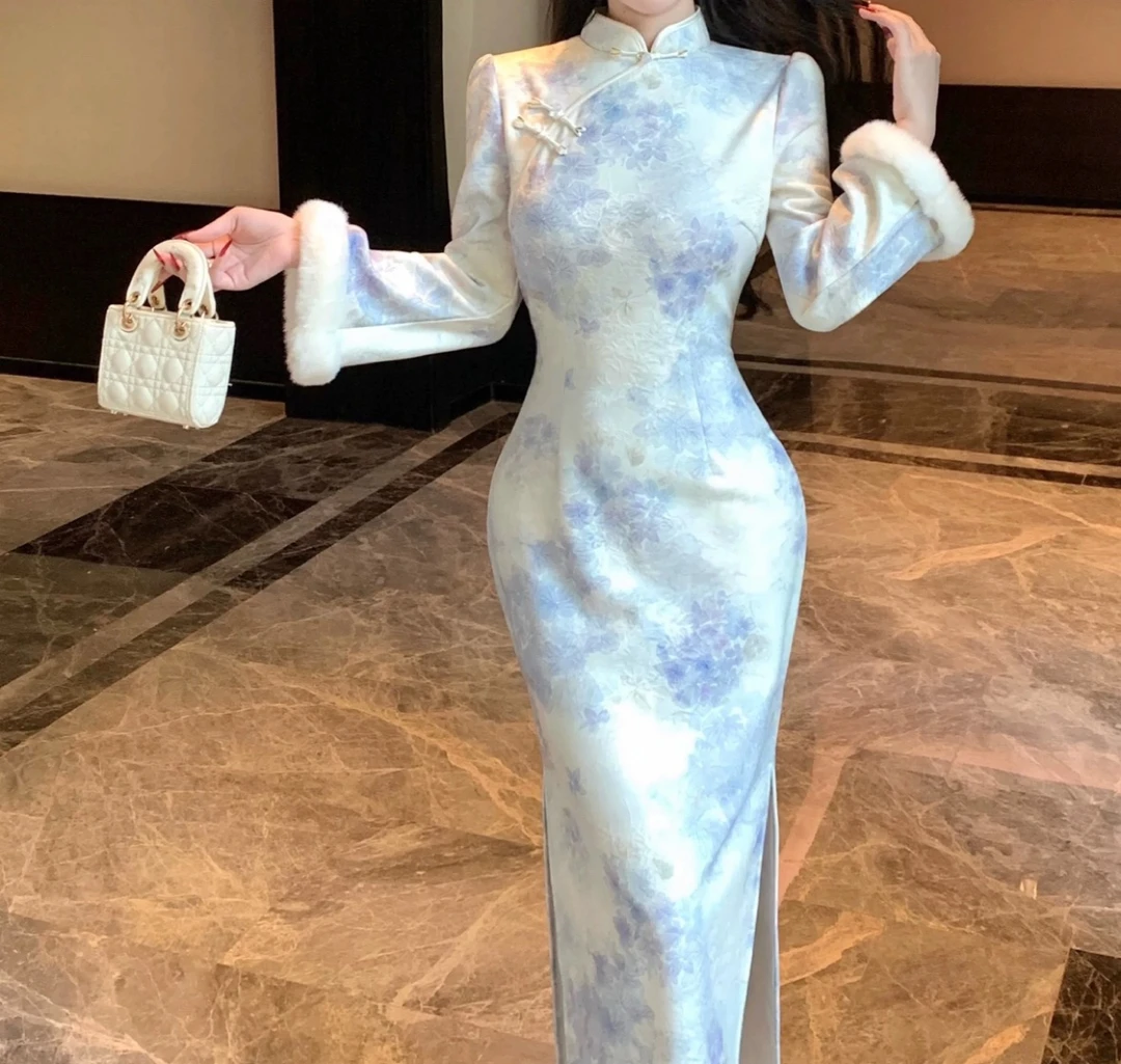 原创自制清冷风新中式温柔优雅倒大袖旗袍厚款紫韵