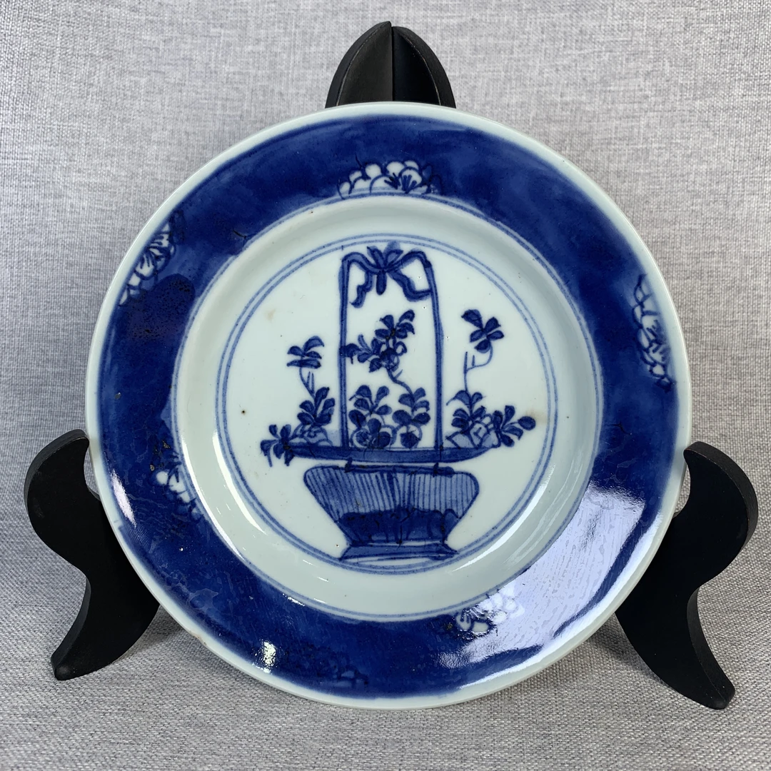 清代青花提篮花卉盘古瓷器真品国营镇江市文物商店库出3068339