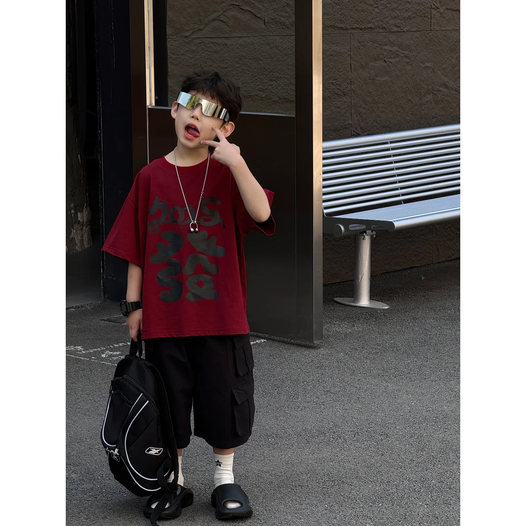 2025夏季新款韩版男童美式时尚百搭圆领发财字母T恤儿童上衣潮酷
