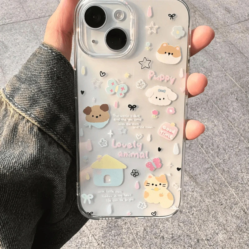 彩色雨点猫狗适用苹果16PROMAX手机壳iPhone15卡通感14可爱13透明