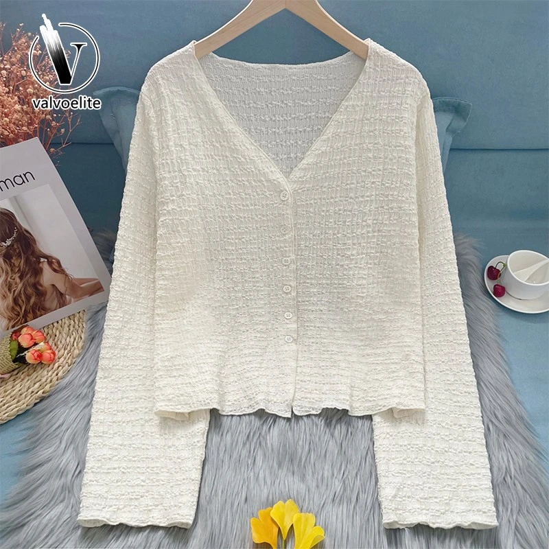 VALVOELITE开衫女夏大码褶皱防晒外套披肩外白色薄款防晒针织罩衫