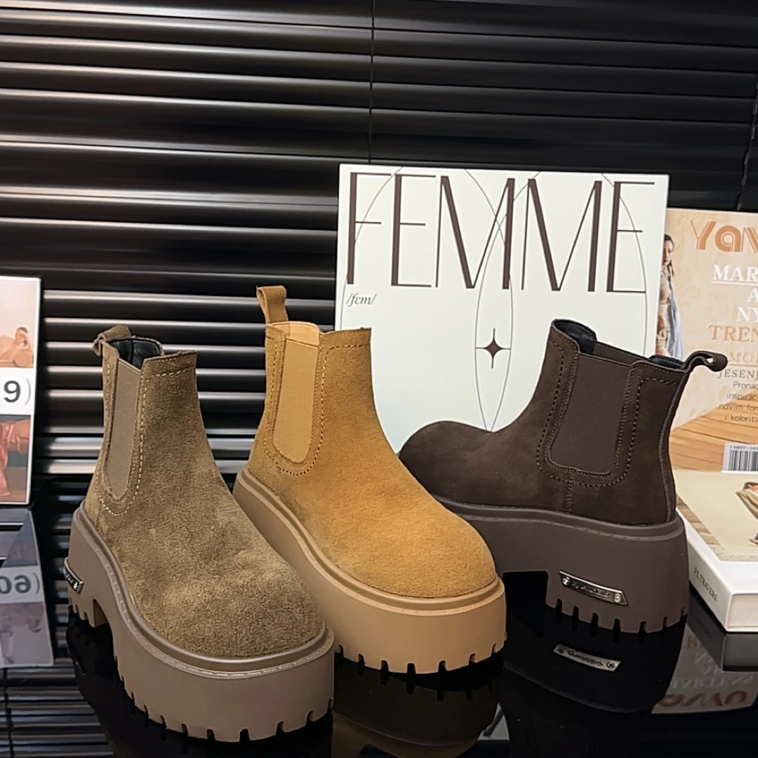 复古港风圆头短筒春秋套筒马丁靴靴子秋季女靴