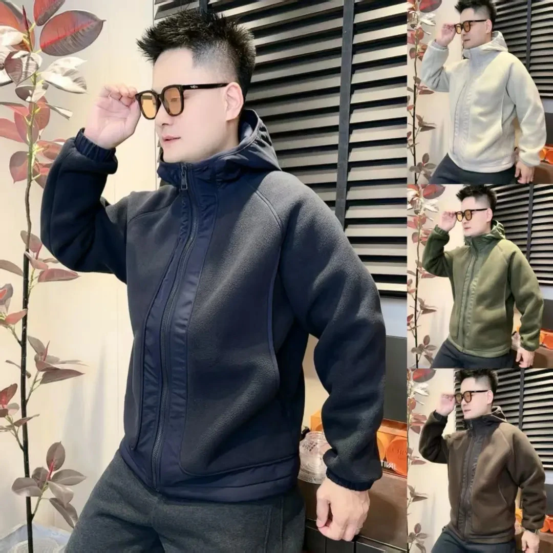 加厚摇粒绒拼接连帽夹克冬季新款男士潮流时尚痞帅慵懒风卫衣外套