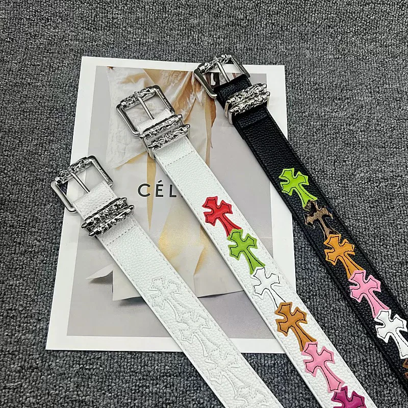 克罗针扣贴皮白色皮带男女滚轮镂空藤蔓腰带十字架复古y2k皮带潮