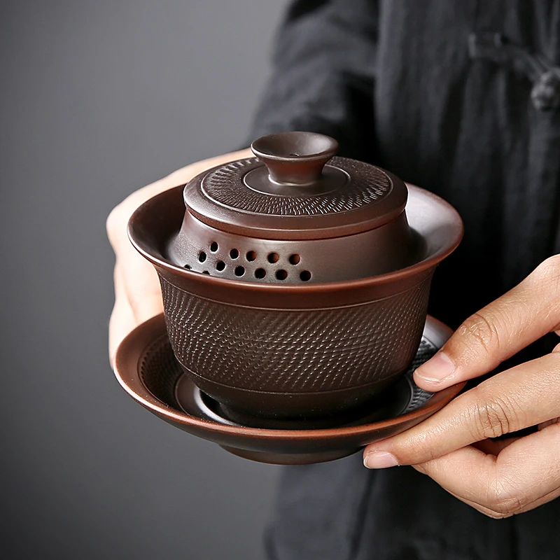 【送运费险】新款紫陶盖碗创意跳刀三才盖碗高档泡茶碗复古泡茶器W