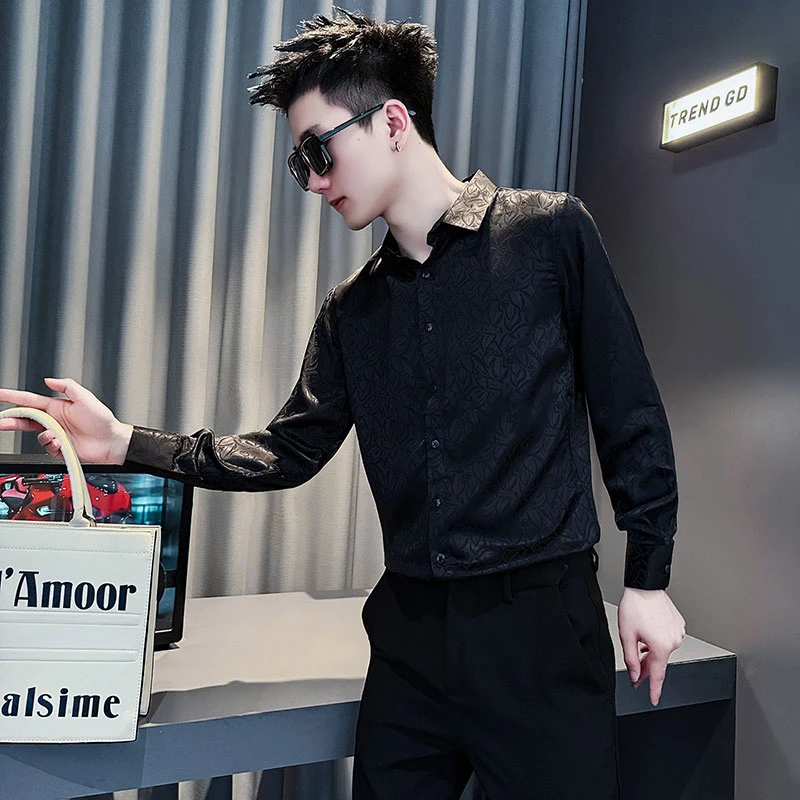 高级感长袖衬衫男士春秋季潮流修身帅寸衫2025新款休闲垂感衬衣