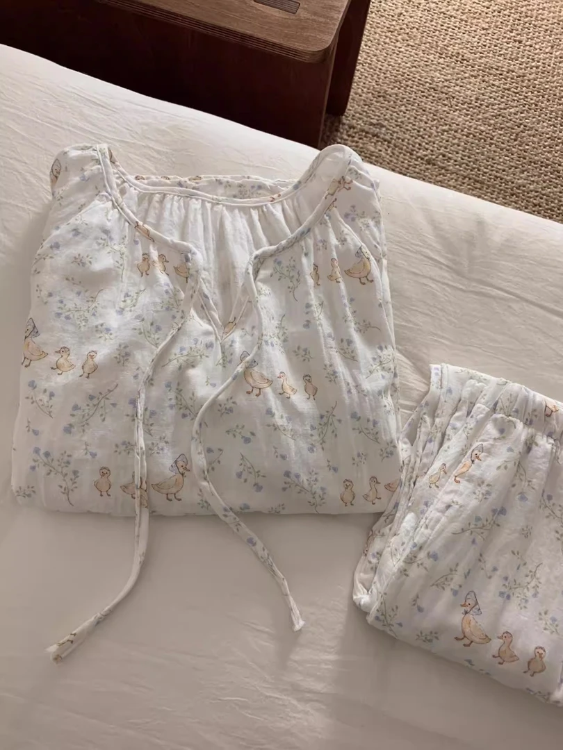 【DMXJ大梦想家】甜美可爱卡通小黄鸭睡衣女春秋新款系带家居服套装