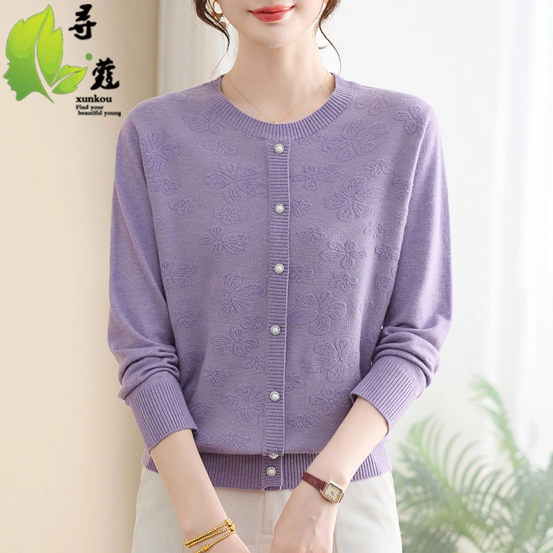 时尚气质中老年女装秋季长袖衫洋气妈妈装圆领套头衫针织衫女中年