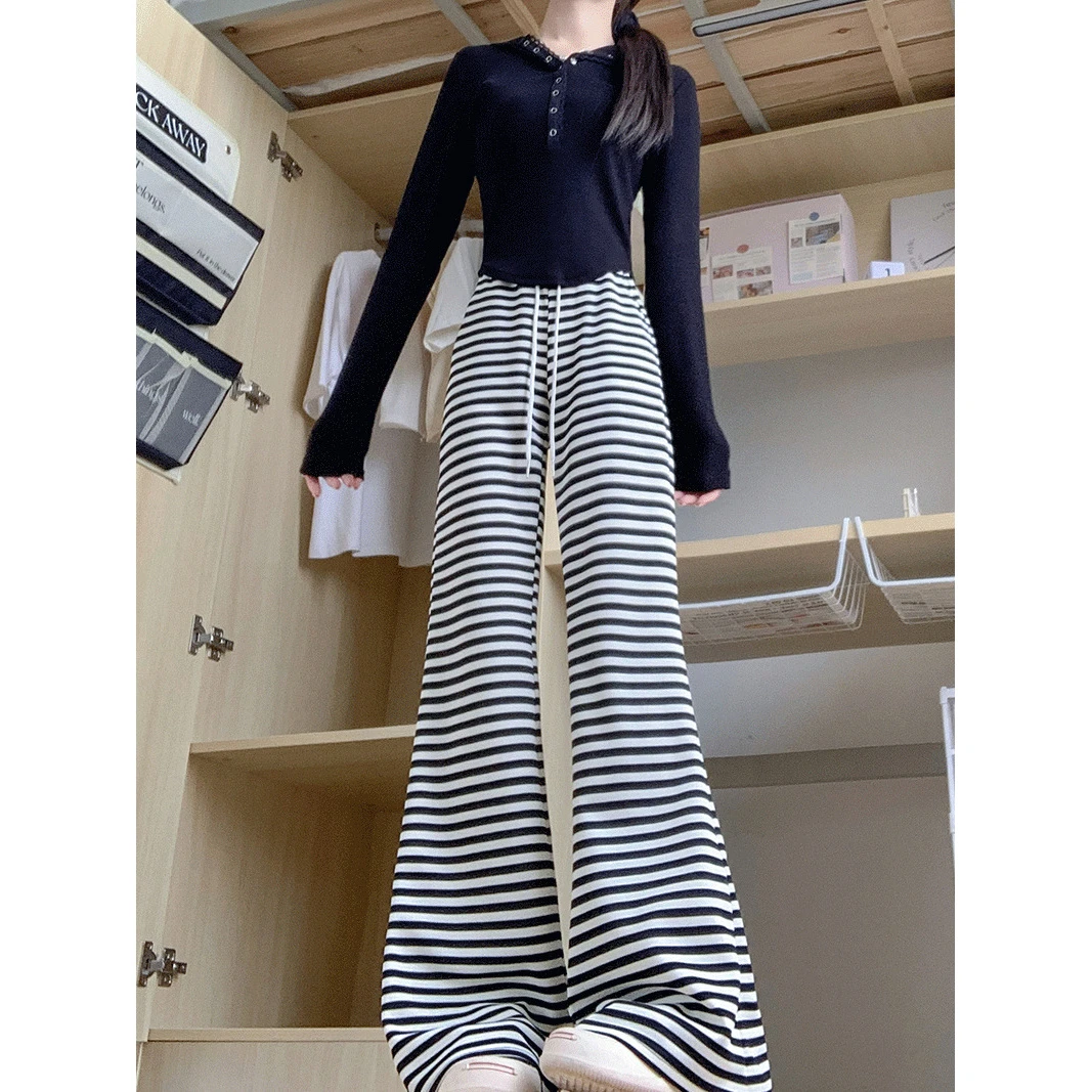严选黑白条纹微喇裤女秋冬休闲裤宽松韩系慵懒风抽绳显瘦针织裤子