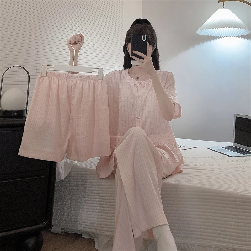 夏季睡衣女款爆款2025新款减龄薄款粉条纹家居服带胸垫三件套外出