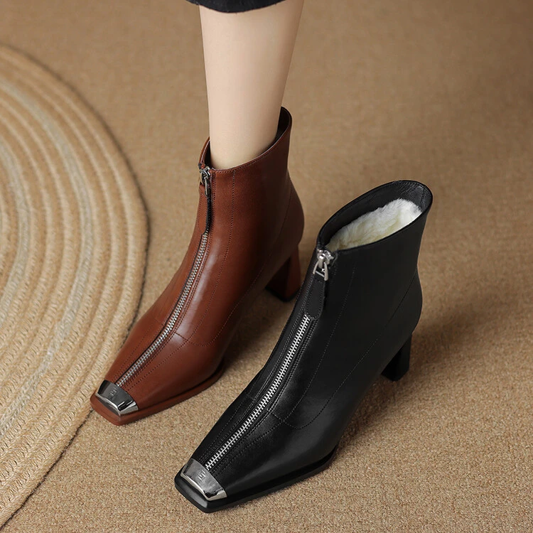 7cm~法式金属方头高跟短靴女2025秋冬新款粗跟加厚保暖通勤短靴女