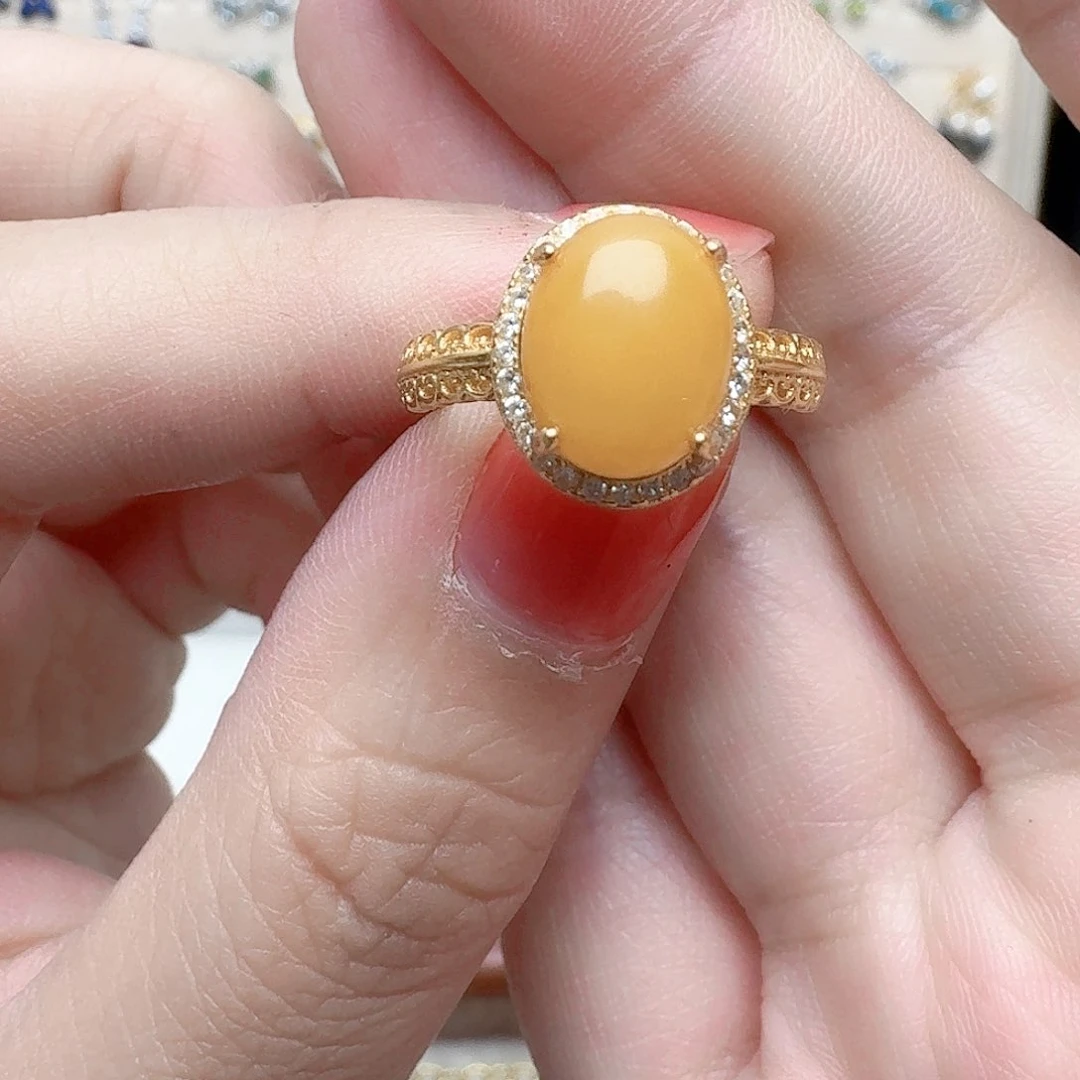 蜜蜡戒指银S925镶嵌戒指